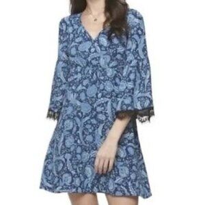 CANDIE'S Blue Paisley Print Fringed Bell Sleeve Dress - Size XS